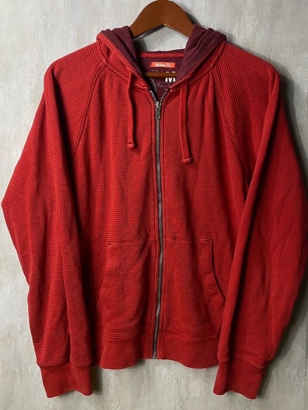 GAP Vintage Style Thermal Waffle Knit Hoodie Mens M Red Maroon Contrast Y2K